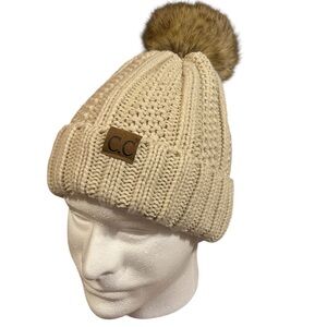 CC Sherpa Lined Knit Beanie with Faux Fur Pom